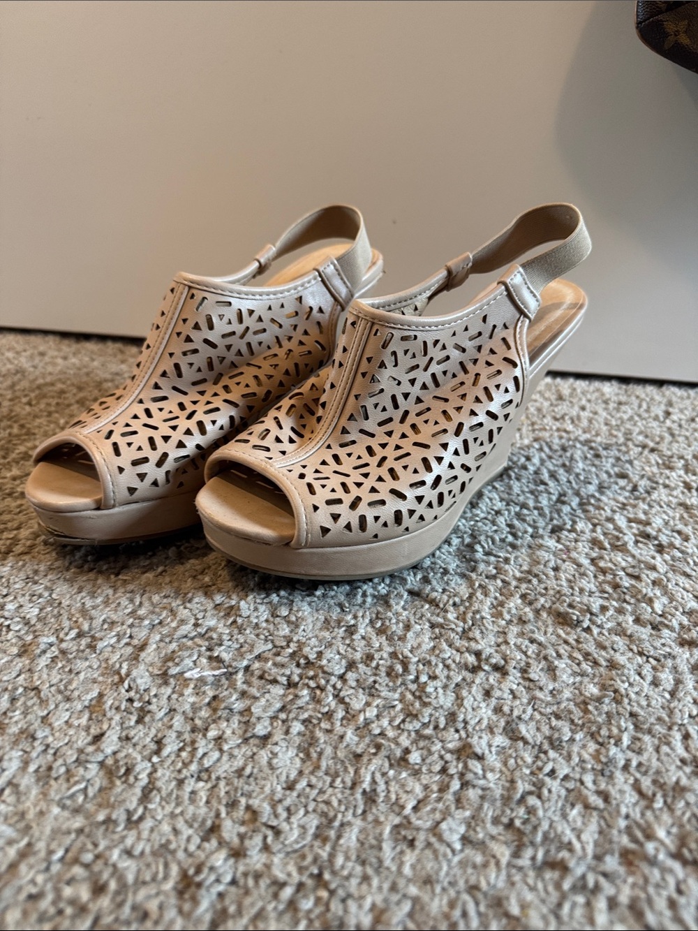 CL by Chinese Laundry Taupe Laser-Cut Peep-Toe Wedges